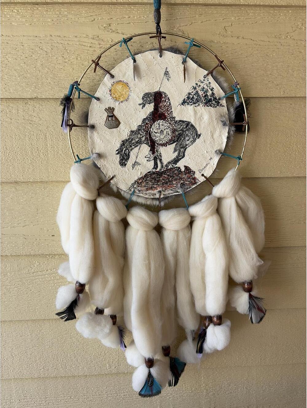 Dream Catcher Native American Mixed Media on Rabbit Fur Signed '94 Donavan